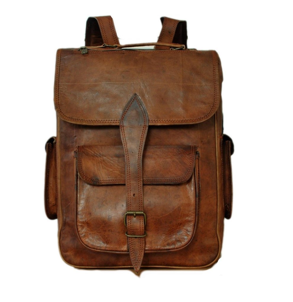 Vintage Leather Laptop Rucksack with Large Pockets, 11" x 15" x 5"