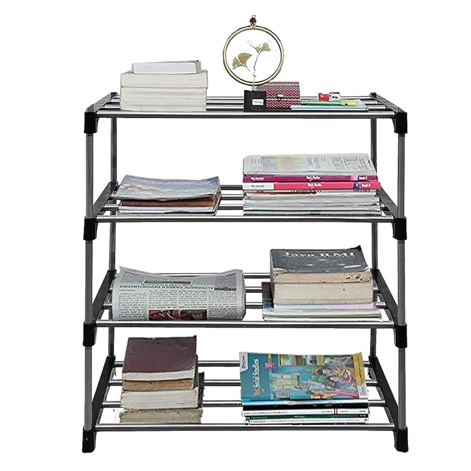 4 Layer Book Shelf Rack Metal Stand for Home, Living Room, & Study Room Storage Organizer for Multipurpose (4 Layer Book Shelf) (Black)