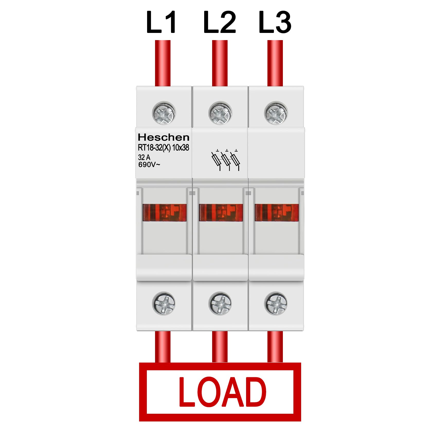 Heschen Cilindervormige zekeringhouder, socket RT18-32X 32A AC690V 1-polig DIN-railmontage voor RT18 RO15 10 x 38 mm zekering CE UL vermeld