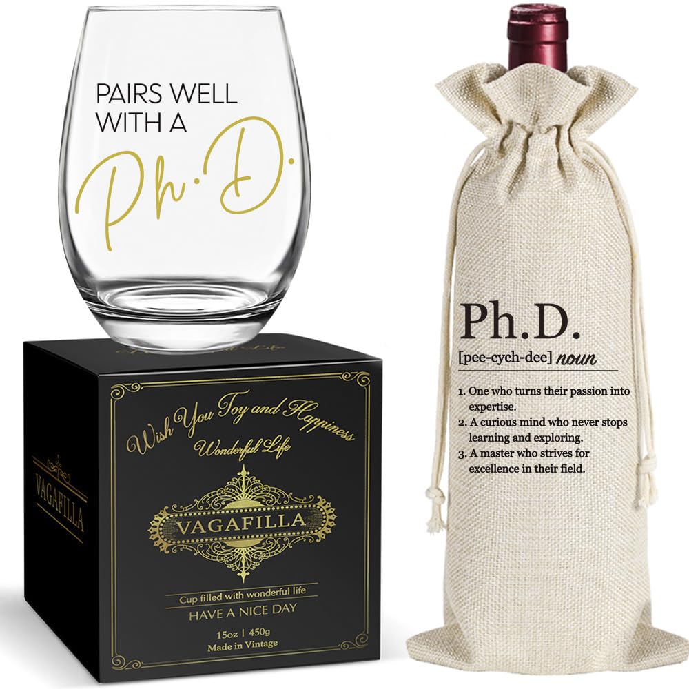 Vagafilla Phd Graduation Gifts Wine Glass,Funny Graduation Grad Graduate Gift,Phd Wine Glass（15 oz Stemless）