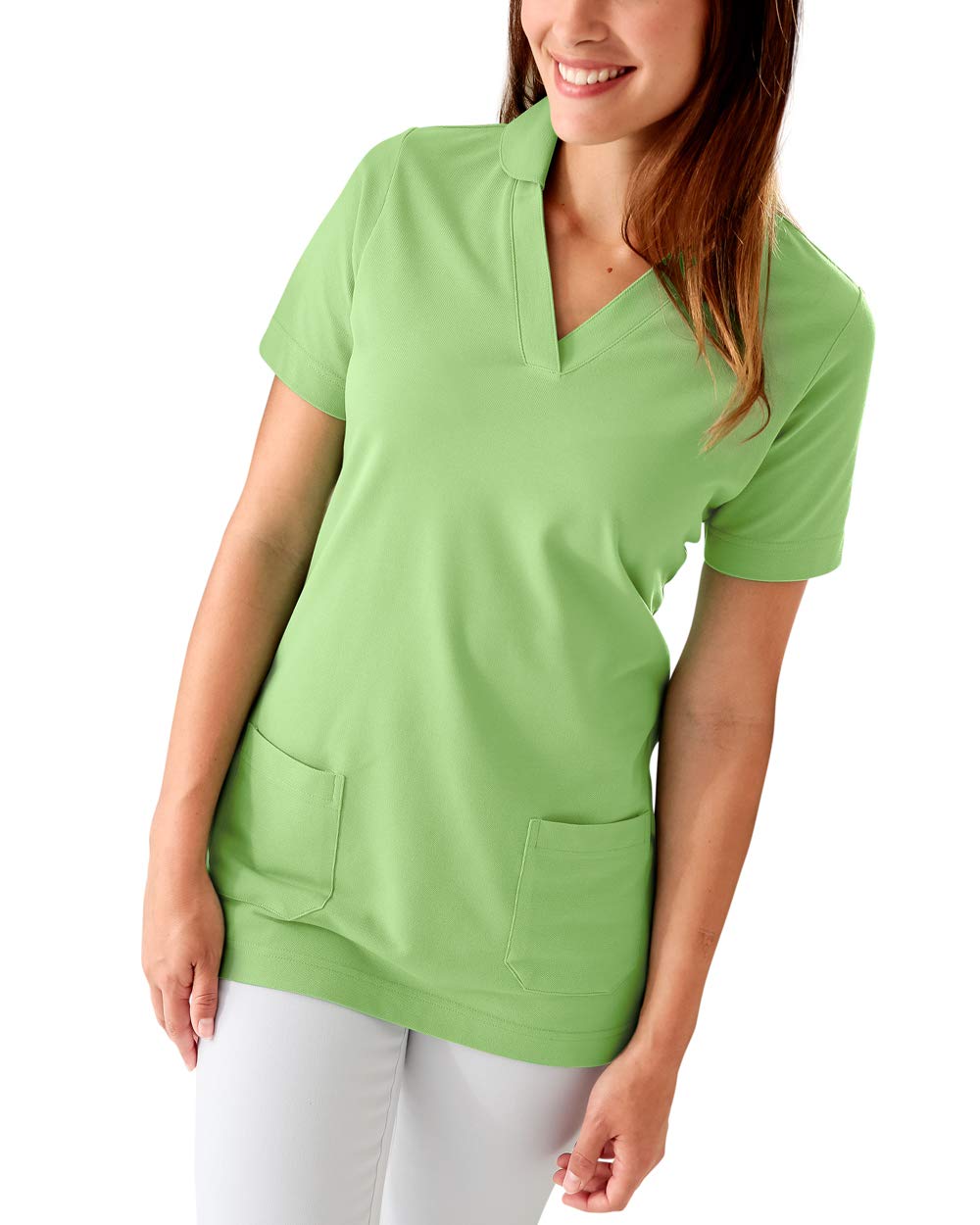 CLINIC DRESS Longshirt Damen Shirt | 60% Baumwolle | V-Ausschnitt mit Kragen | 60 Grad Wäsche | Länge ca. 71 cm |