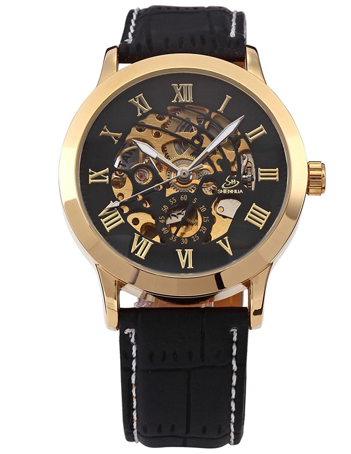 Mens Wrist Watches, Steampunk Automatic Watch, Vintage Bronze Skeleton Self-Wind Watches Leather -CH19B