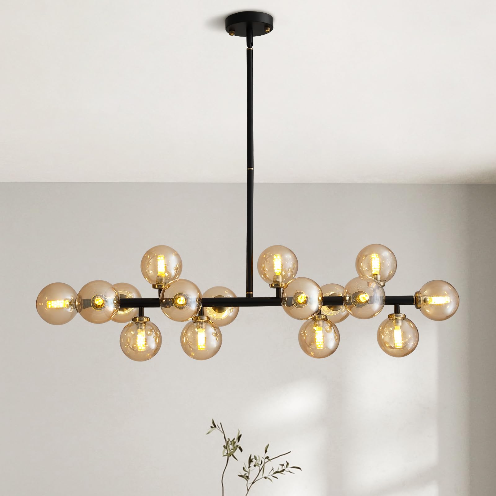 APBEAMLighting Mid Century Modern Chandeliers for Dining Room, 39" Linear Pendant Light Fixtures with Amber Glass Globe, 16-Light Sputnik Hanging Light for Living Room Kitchen Island