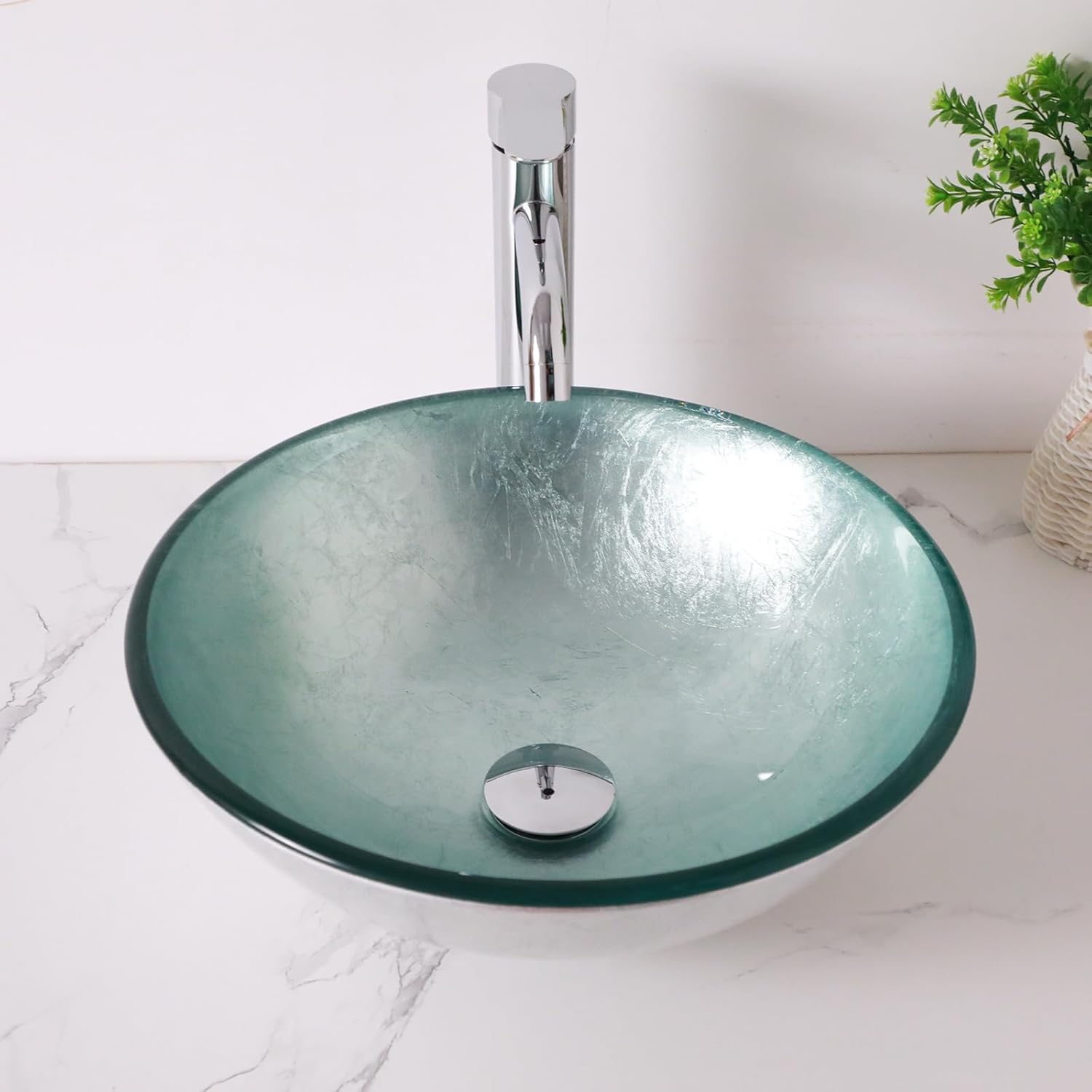 Lordear Bathroom Vessel Sink 16x16 Inch Round Artistic Vessel Sink Tempered Glass Vanity Round Bowl With Pop-up Drain 15-9/16 x 15-9/16 Inch Sink Countertop Basin
