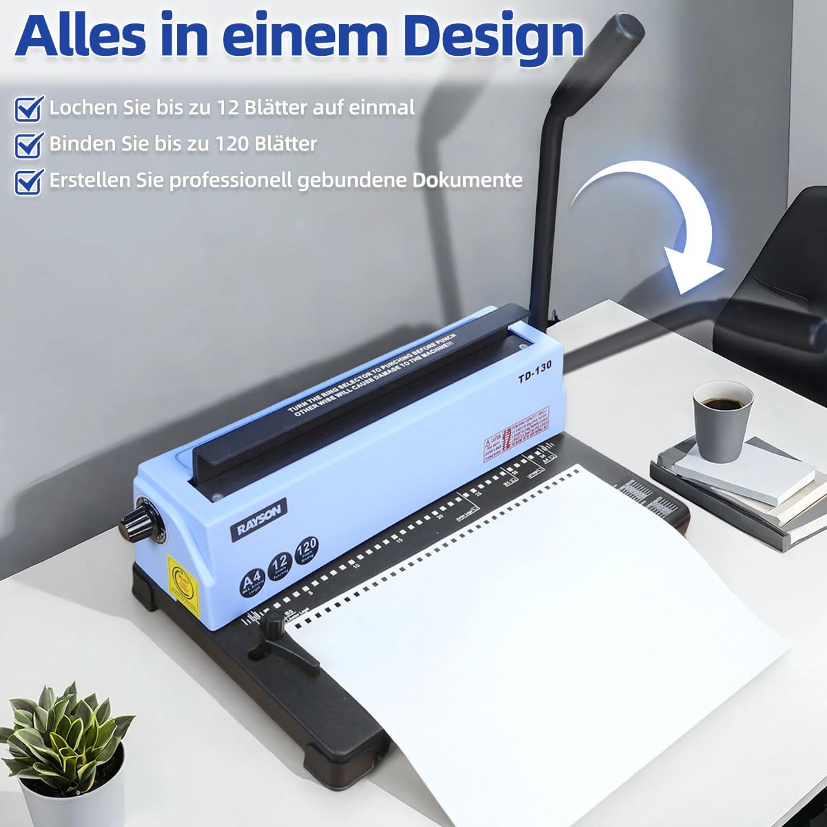 RAYSON Drahtbindegerät, 120 Blatt Binde, 3:1 Teilung, A4, 34-Loch-Doppelschleifen-Drahtbinder mit stabiler Metallkonstruktion, TD-130… | Robuste Metallkonstruktion, Kostenloses Bindematerial im Lieferumfang enthalten