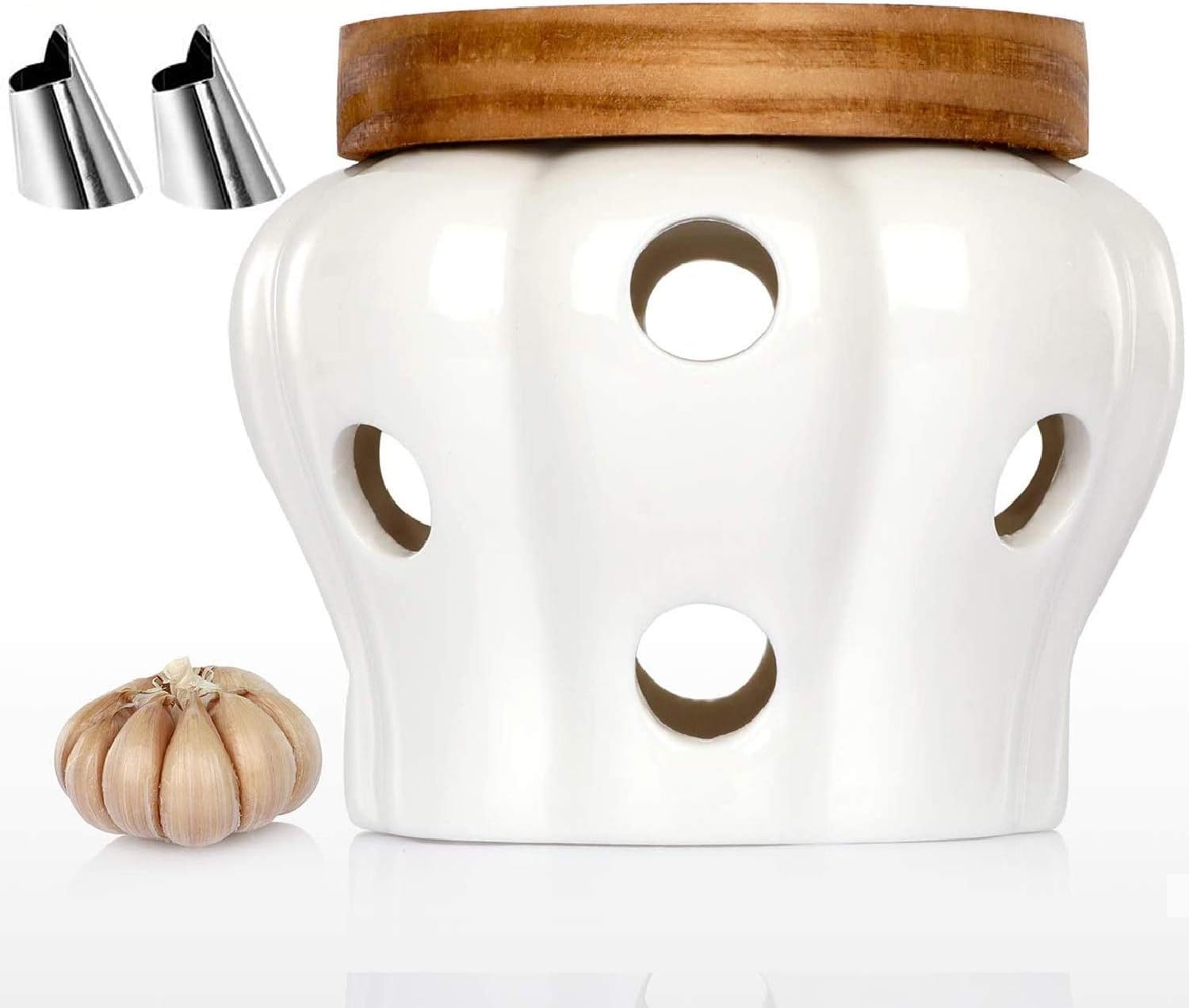 SELPONT Garlic Keeper Vented Ceramic Garlic Storage Container White Stoneware with Acacia Wood Lid