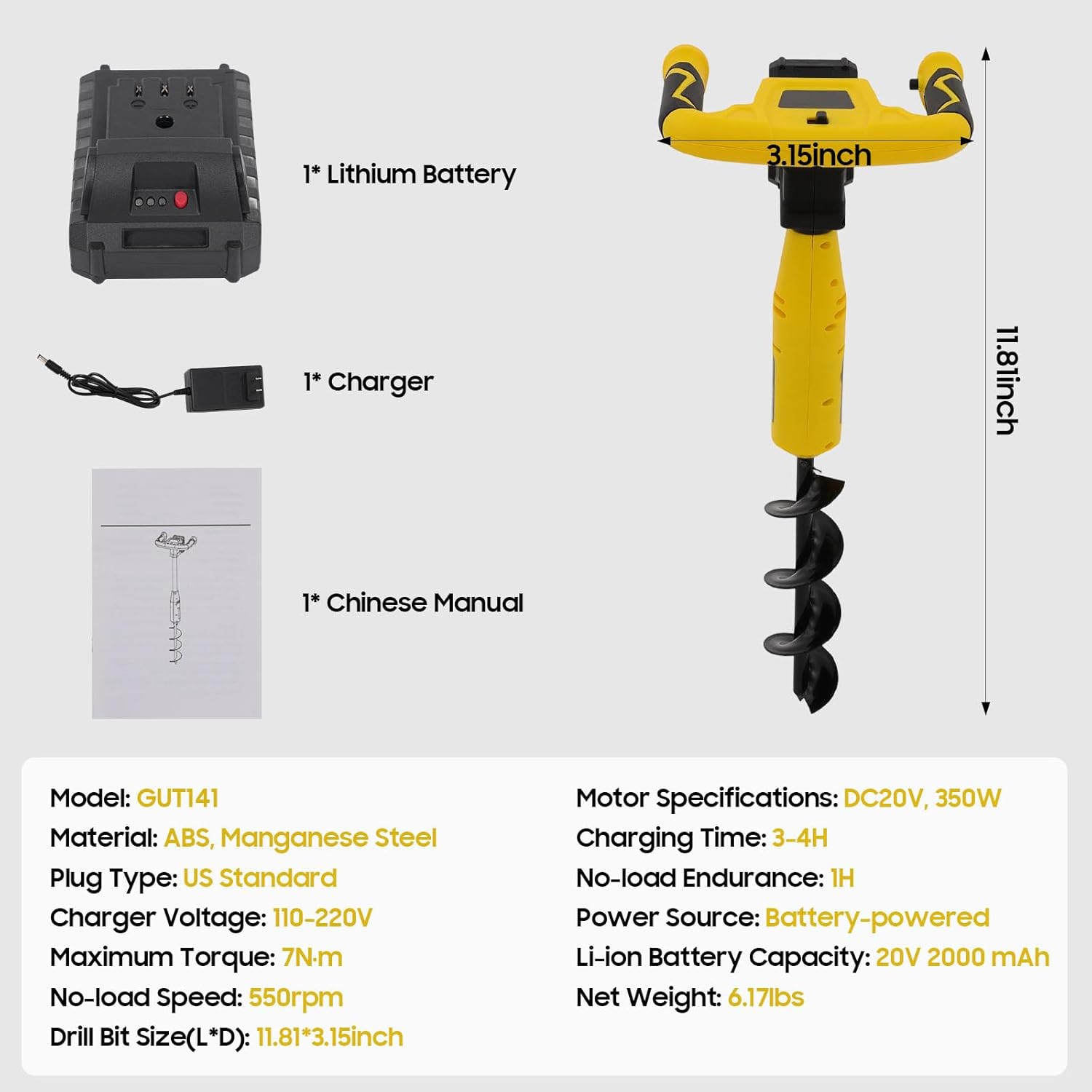 Cordless Electric Post Hole Digger - 20V Earth Auger Hole Digger with 2000mAh Battery & Charger, 550RPM Electric Hole Digging Machine for Digging, Planting, Fencing, Lightweight and Portable Design