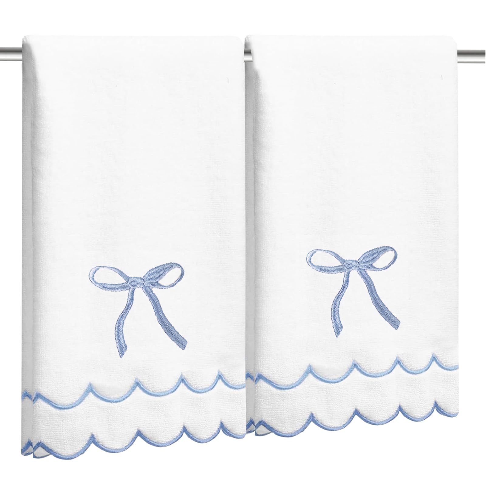 2 Pcs Coquette Bow Hand Towels 15.75 x 27.56 Inch Scalloped Embroidered Dish Towel 100% Cotton Cute Preppy Decorative Bath Hand Towel for Kitchen Bathroom (Blue)