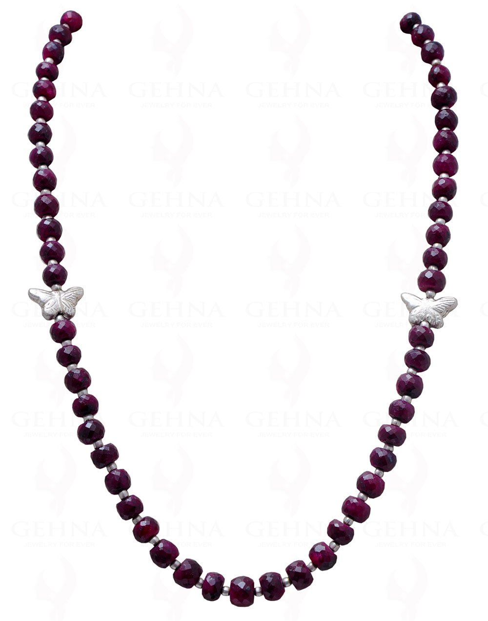 gehna Ruby Gemstone Round Faceted Bead String with Silver Butterflies-picture-33