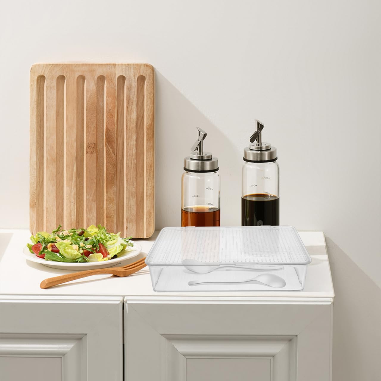 HOMSFOU Bandeja de cubiertos con tapa, organizador de cajones de cocina de plástico transparente, cesta de cubiertos, soporte de utensilios, contenedor de almacenamiento para palillos, cucharas,