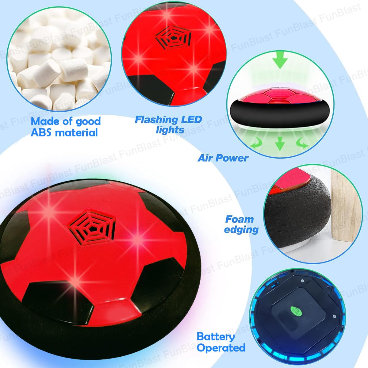 FunBlast Air Powered Hovers & Glides – Soccer Disk, Hover Football, Soccer Ball with Flashing Light, Football Disc for Kids, Birthday Gift for Kids, Battery Operated Soccer Disc (Red) 2