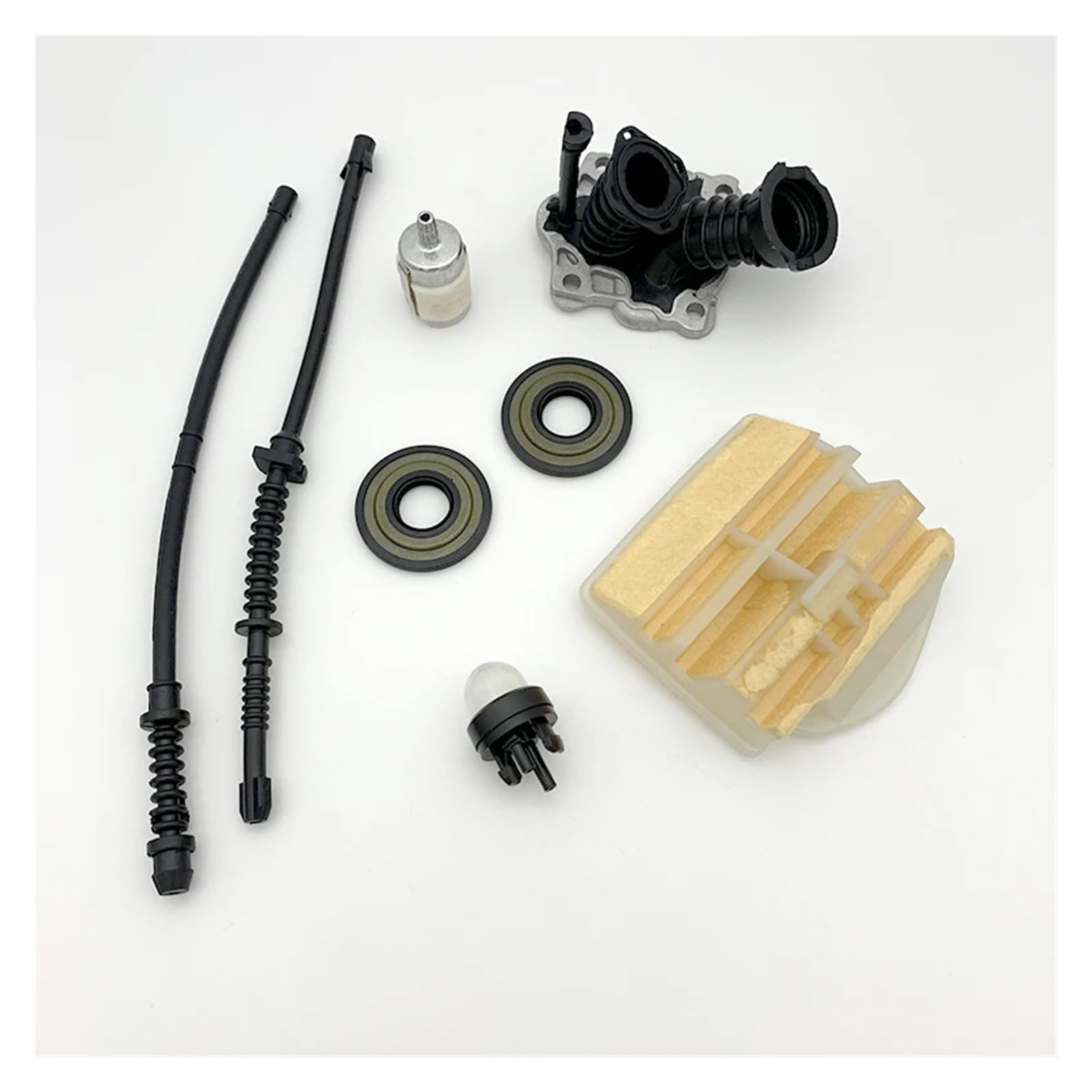 Compatible con motosierra de gasolina HUSQVARNA 450, 445 E, 450E y 445E. Piezas 544082301: filtro de aire, colector de admisión, línea de retorno de combustible y gas, manguera y filtro.