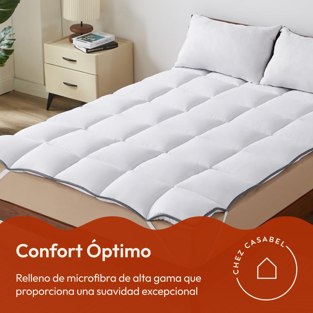CASABEL Topper Colchón 90x190 cm, 600gsm, Extra Grueso y Suave Topper 90x190 con Microfibra Transpirable, Diseño Acolchado, 4 Correas Elásticas