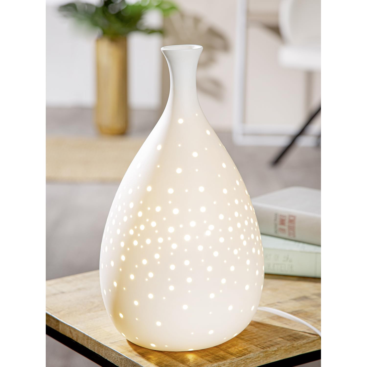 GILDE Tischleuchte Galaxy aus Porzellan - matt weiß - Höhe 34cm x Ø 19cm - Prickellampe