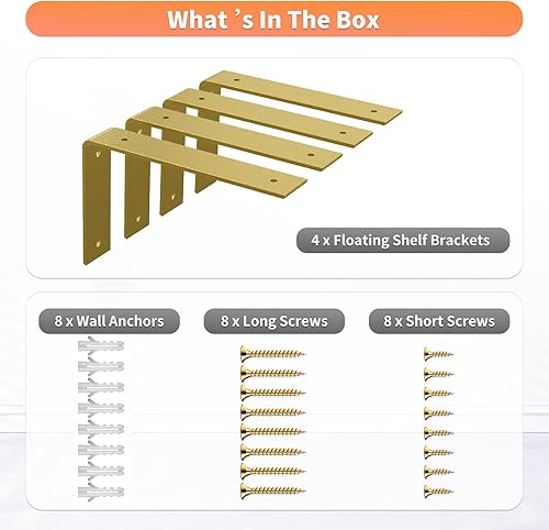 Miniatura 8 de Soportes de estante L de 10 pulgadas, soportes dorados de hierro resistente, soporte de estante flotante moderno industrial para estantes de montaje