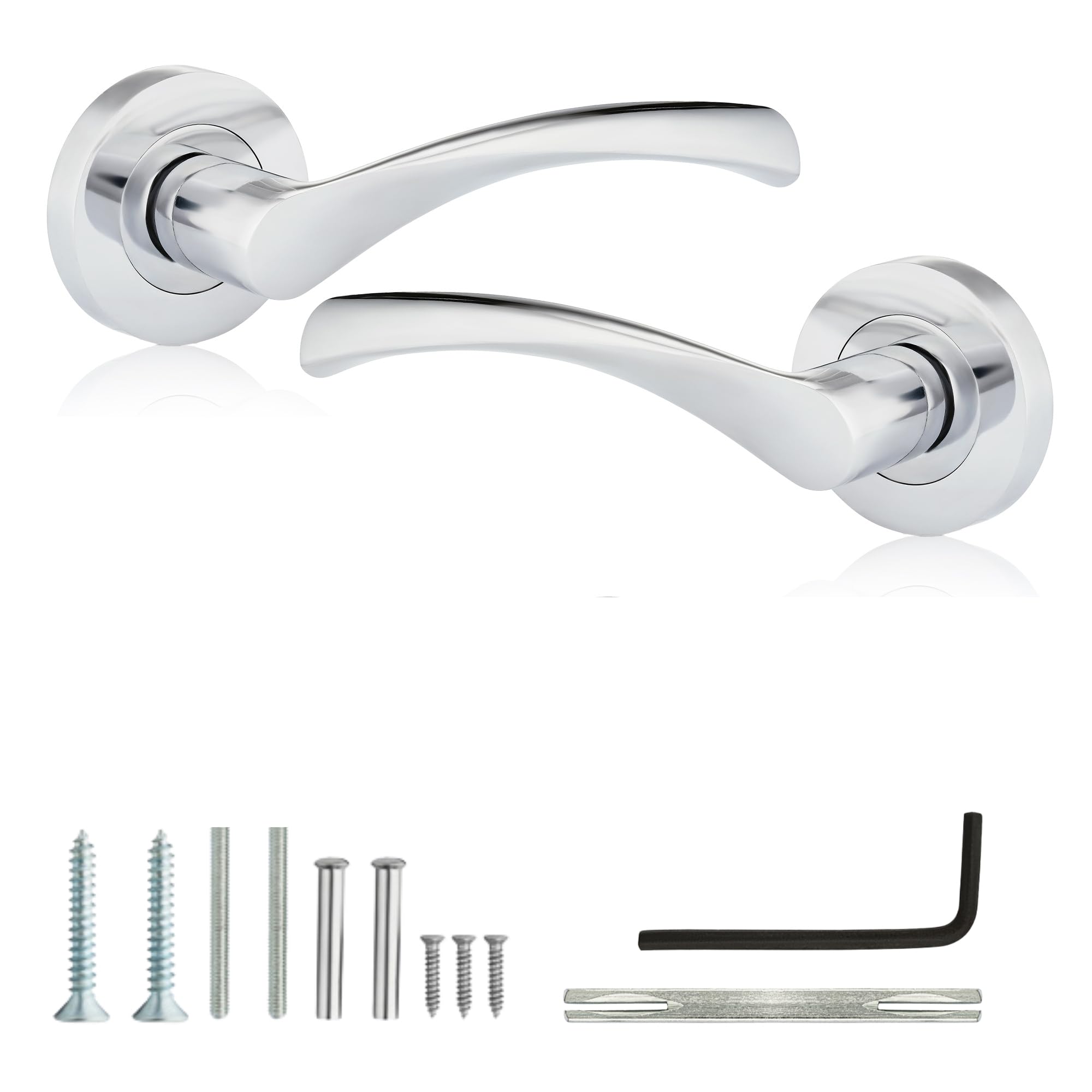 XFORT Warped Lever on Rose Door Handles Polished Chrome, Internal Door Handles for Wooden Doors, Modern Interior Door Handle Set (1 Pair)