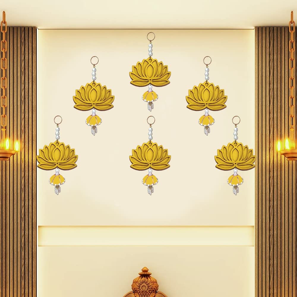 GIFT JAIPUR Lotus Yellow Jhumka Wall Decor Hanging Set of 6 - Diwali Showpiece Gift Home Temple Pooja Festival Wedding Marriage Stage Decoration