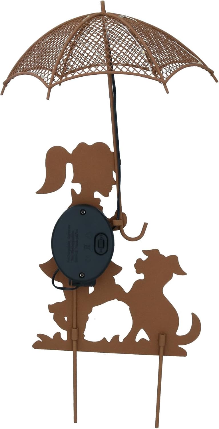 Solar Powered Rustic Girl & Dog with LED Umbrella Garden Decoration Light