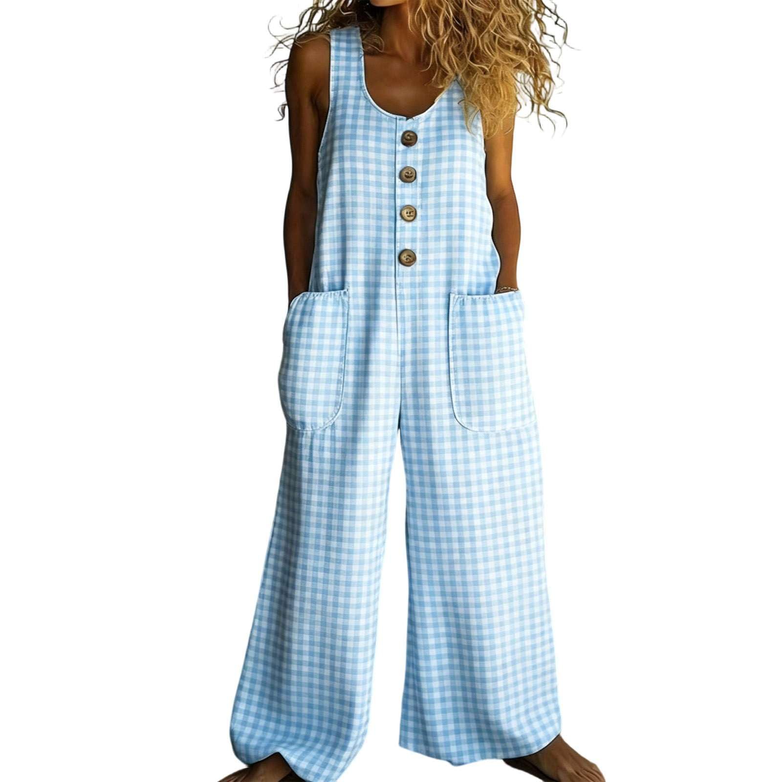 Generico Salopette Donna Estiva Lunga in Lino Boho Chic Morbida Tuta Intera Curvy con Stampa Jumpsuit Pantaloni Gamba Larga Senza Maniche Moda Baggy Cotone Taglie Forti Mare Vacanza Comoda