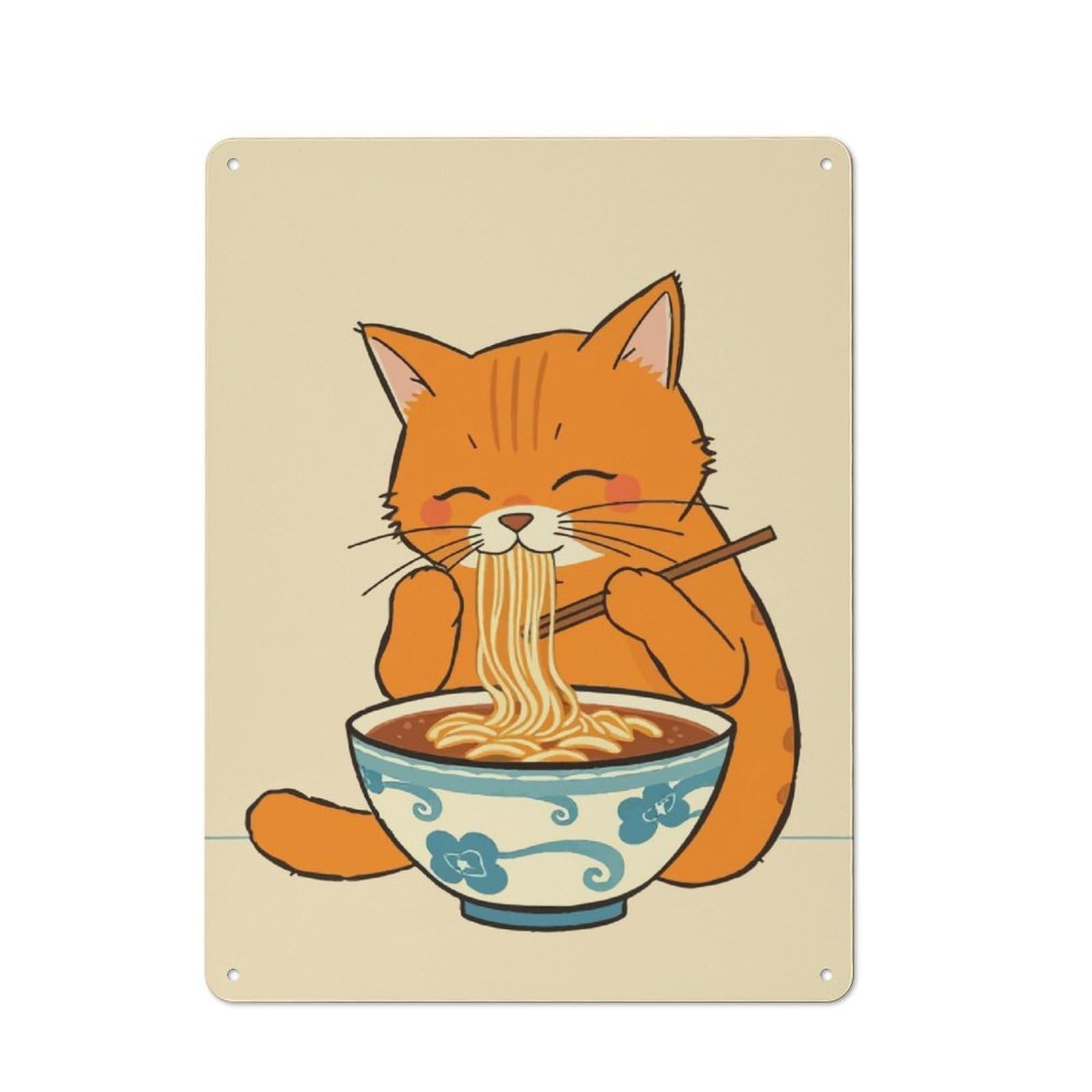 Junmoney Cat Eating Ramen Vintage Metal Sign 40X30cm, Bistro Style Bistro Wall Plaque For Cafe, Bistro, Bakery Or Restaurant