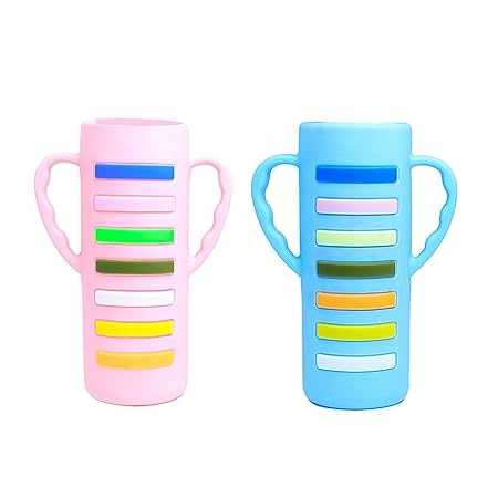 THE LITTLE LOOKERS Baby Bottle Cover with Handle/Silicone Warmer Cover for Baby/Newborn/Infants/Toddlers - Blue & Pink (240ml)