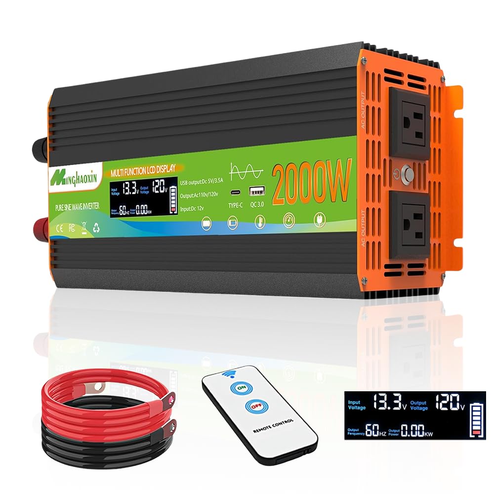 Photo 1 of 2000W Pure Sine Wave Inverter - Car Power Inverter 12V to 110V,Surge 4000W, Over 95% Efficiency, 2 AC Outlets, LCD Display, 3.0 USB&Type-C Ports, Remote Control, Converter for RV, Home, Solar, Outdoor