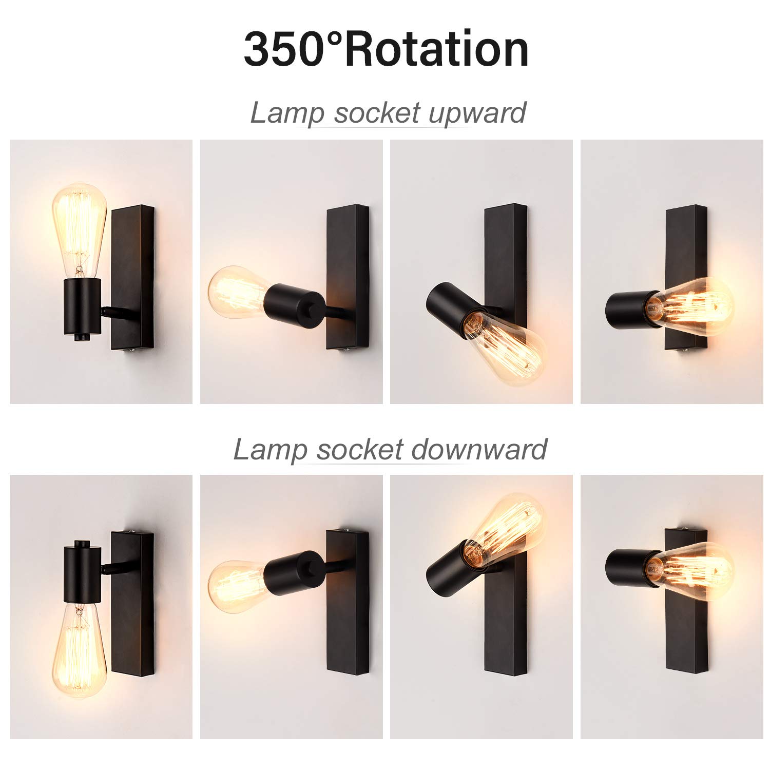 Lightess Kinkiet wewnętrzny, czarny retro, lampa ścienna E27, wychylna, vintage, reflektor ścienny, rustykalna lampa przemysłowa, oświetlenie ścienne do salonu, sypialni, jadalni, pokoju dziecięcego