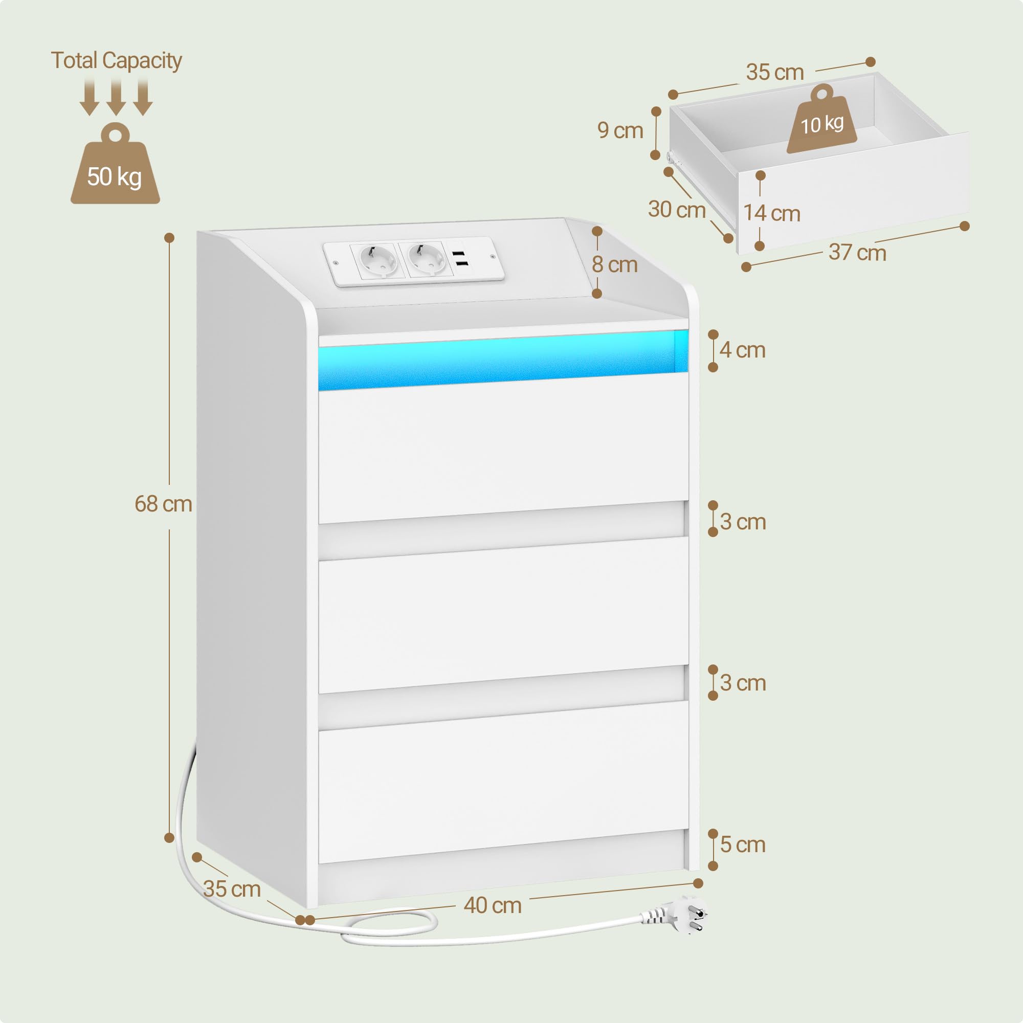 Hzuaneri Comodino Set di 2 con 3 Cassetti, Stazione di Ricarica LED, Bianco | Tavolino, 2 Prese CA e 2 Porte USB per Camera da Letto, Soggiorno, NS40103X