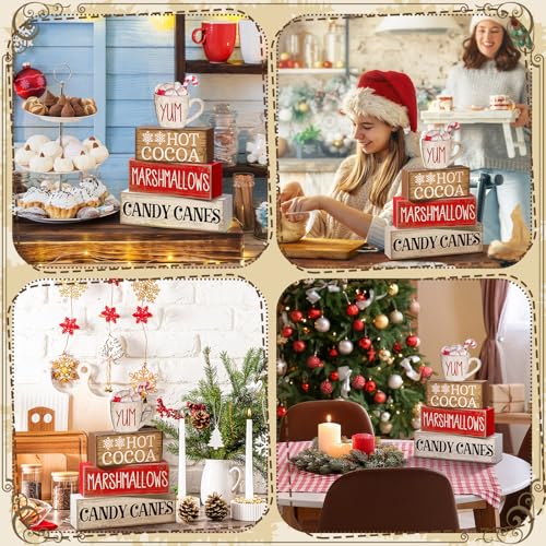 Image of Moucuny 4 Pcs Wooden Christmas Tabletop Decor Hot Cocoa Tiered Tray Decor Rustic Wood Hot Cocoa Block Sign Gift Merry Christmas Centerpiece Farmhouse Winter Table Decoration
