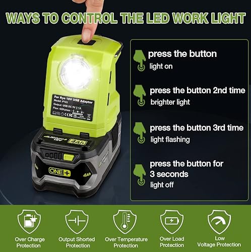 Miniatura 5 de Linterna portátil para batería Ryobi de 18 V, luz de trabajo LED de 420 lm con 2 puertos USB, 3 modos de luz y gancho plegable para colgar, linterna