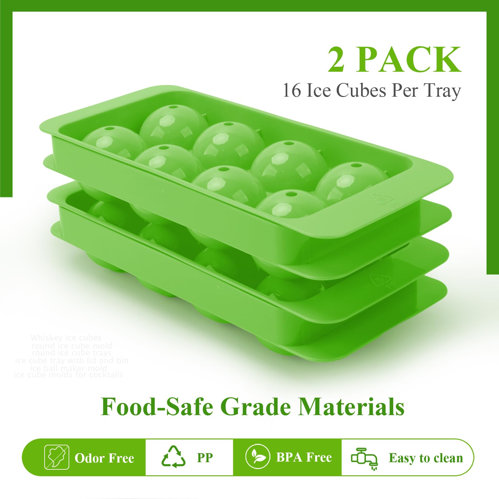 Bandejas grandes para cubitos de hielo con tapa y contenedor, 2 moldes grandes de 8 piezas x 1.9 pulgadas para cubitos de hielo redondos/círculos/esferas, molde de silicona para cubitos de