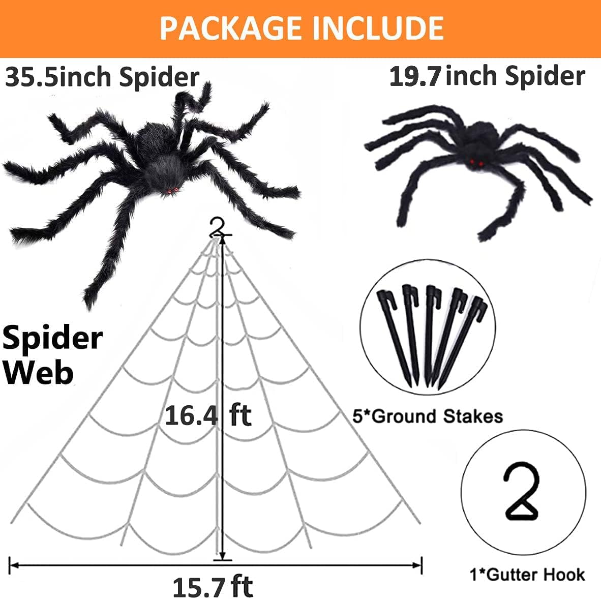 Moirsunt 200" Halloween Spider Web with 2 Giant Spider (19.5"/ 35.5") Decorations Fake Scary Spider with Triangular Large Spider Web for Indoor Outdoor Halloween Yard Home Parties Haunted House Décor
