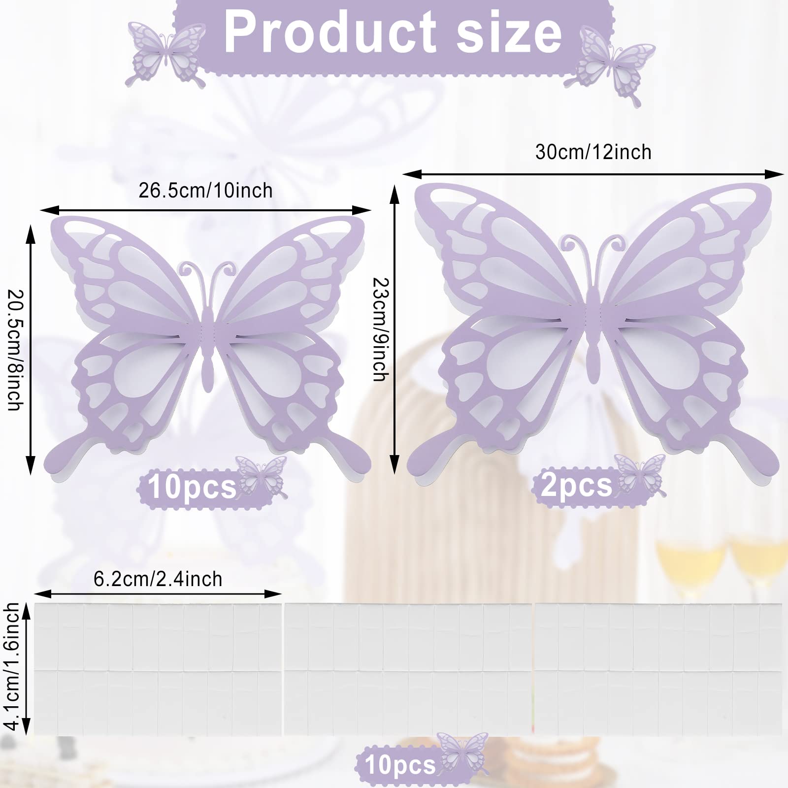 12 Pcs 3D Large Paper Butterflies - 10" & 12" Wall Decor For Baby Shower, Wedding, Birthday Party