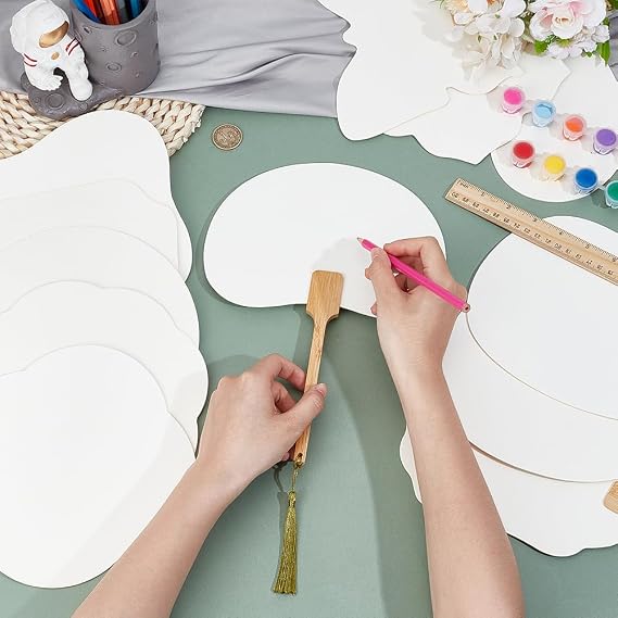 BENECREAT 12 Pcs DIY Blank Graffiti Hand Fan, 12 Styles Paper Hand Held Fan with Bamboo Handle and Tassels, Blank Painting Fan for Painting, Wedding Party Favors and Creative Handicrafts