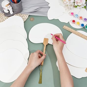 BENECREAT 12 Pcs DIY Blank Graffiti Hand Fan, 12 Styles Paper Hand Held Fan with Bamboo Handle and Tassels, Blank Painting Fan for Painting, Wedding Party Favors and Creative Handicrafts