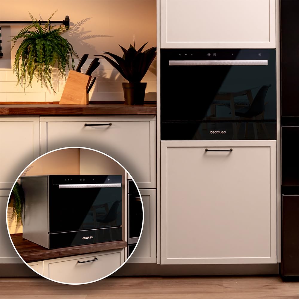 Cecotec Lavastoviglie Compact 6 Posate Bolero Aguazero 2400 Black Glass, 1380 W, Finitura vetro nero, 5 programmi, Controllo pannello touch, Programmabile fino a 24 ore, Child Lock e cestino per