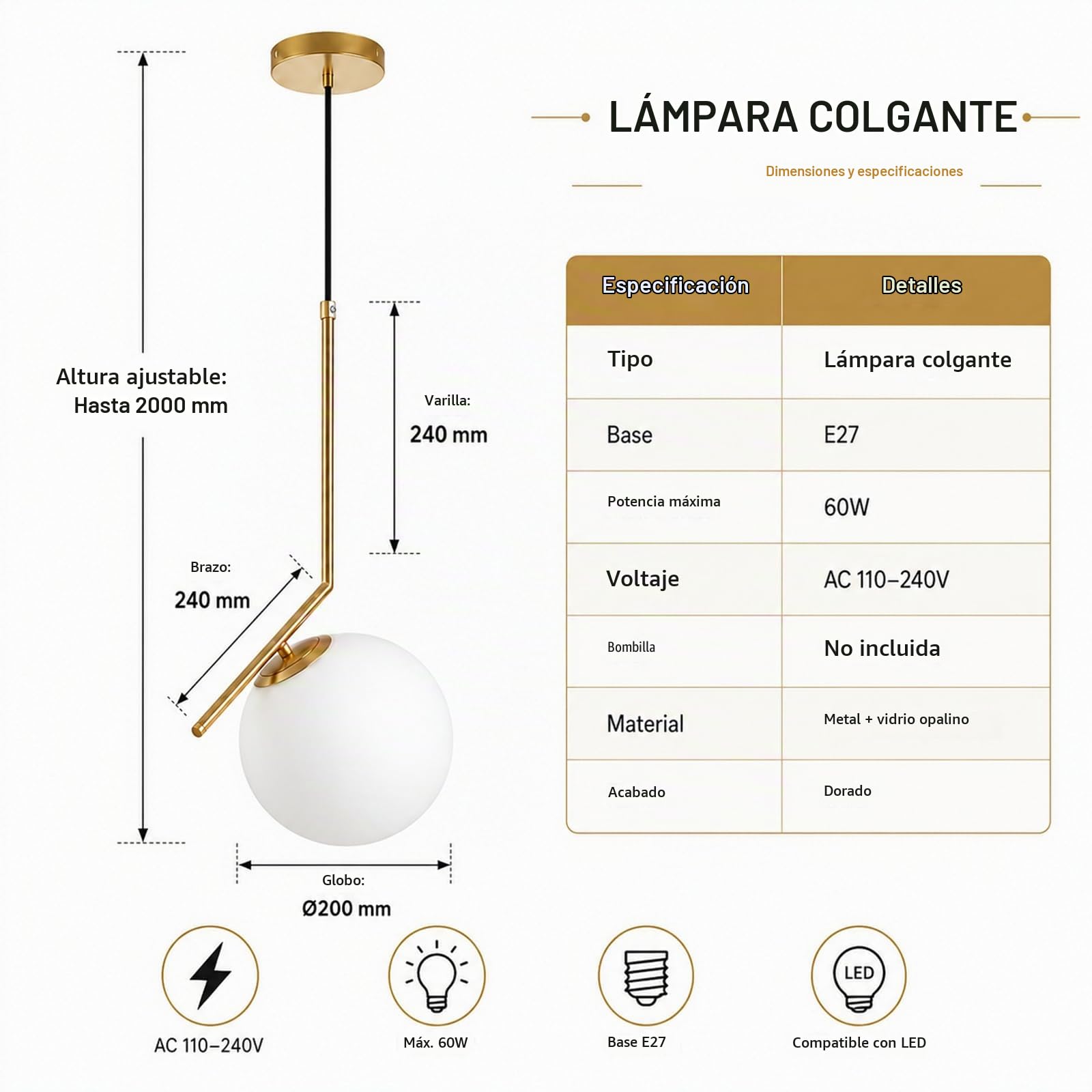 Lámpara Colgante de Techo Dorada Moderna con Esfera de Vidrio Blanco de 20cm, Casquillo E27, Luz Colgante de Altura Ajustable Para Salón, Dormitorio, Comedor y Cocina