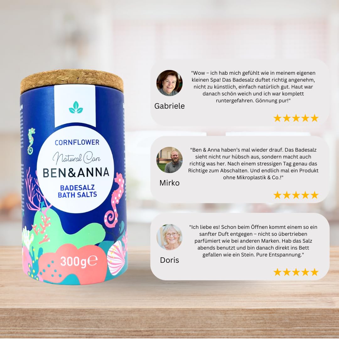 Ben & Anna - Sól do kąpieli Cornflower klasy premium do relaksującej kąpieli mięśniowej z solą morską – idealny dodatek do kąpieli – nawilżający i oczyszczający skórę o działaniu uspokajającym (300 g