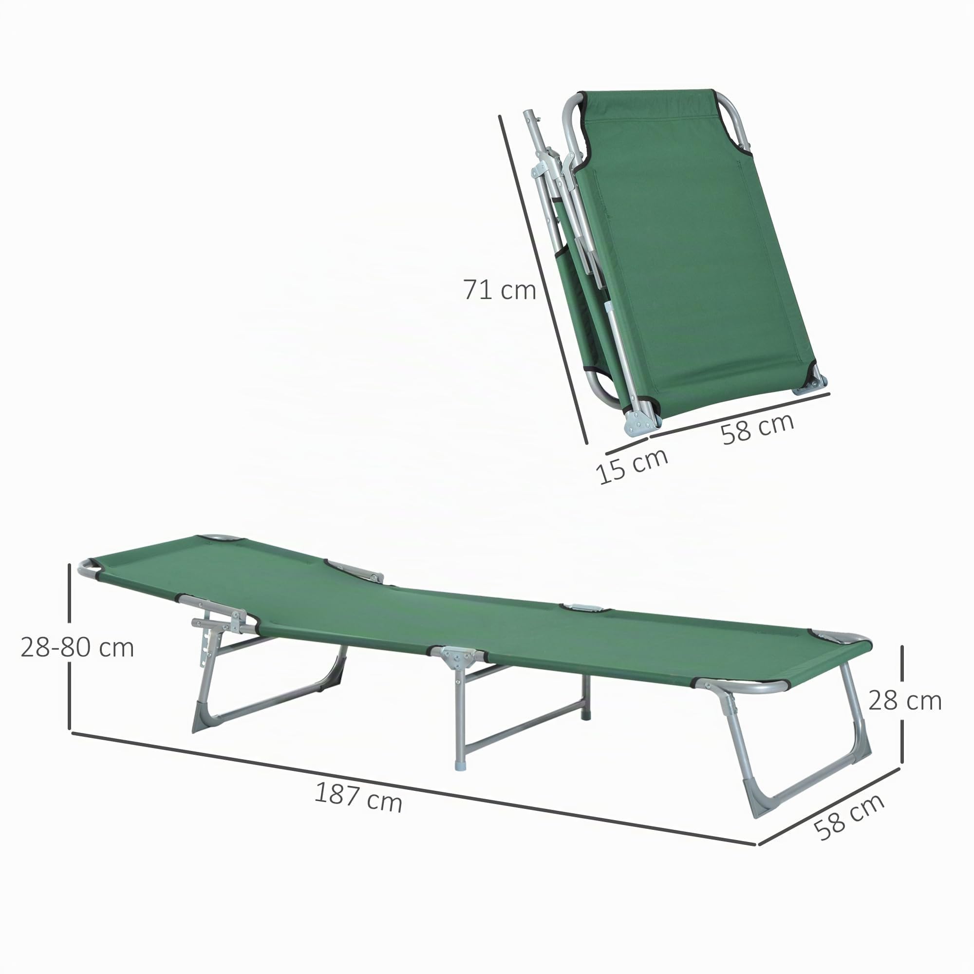 Outsunny Cama Plegable para Camping Cama Portátil con Altura Ajustable en 4 Niveles Carga 120 kg y Marco Metálico para Playa Piscina 187x58x30cm Verde