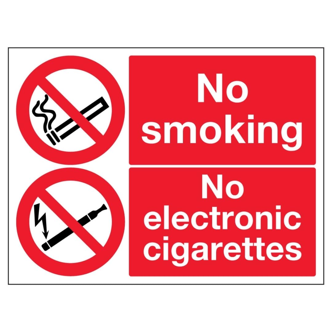 V Safety No Smoking No Electronic Cigarettes 300 x 200 mm - 1mm Rigid Plastic Safety Sign, Red