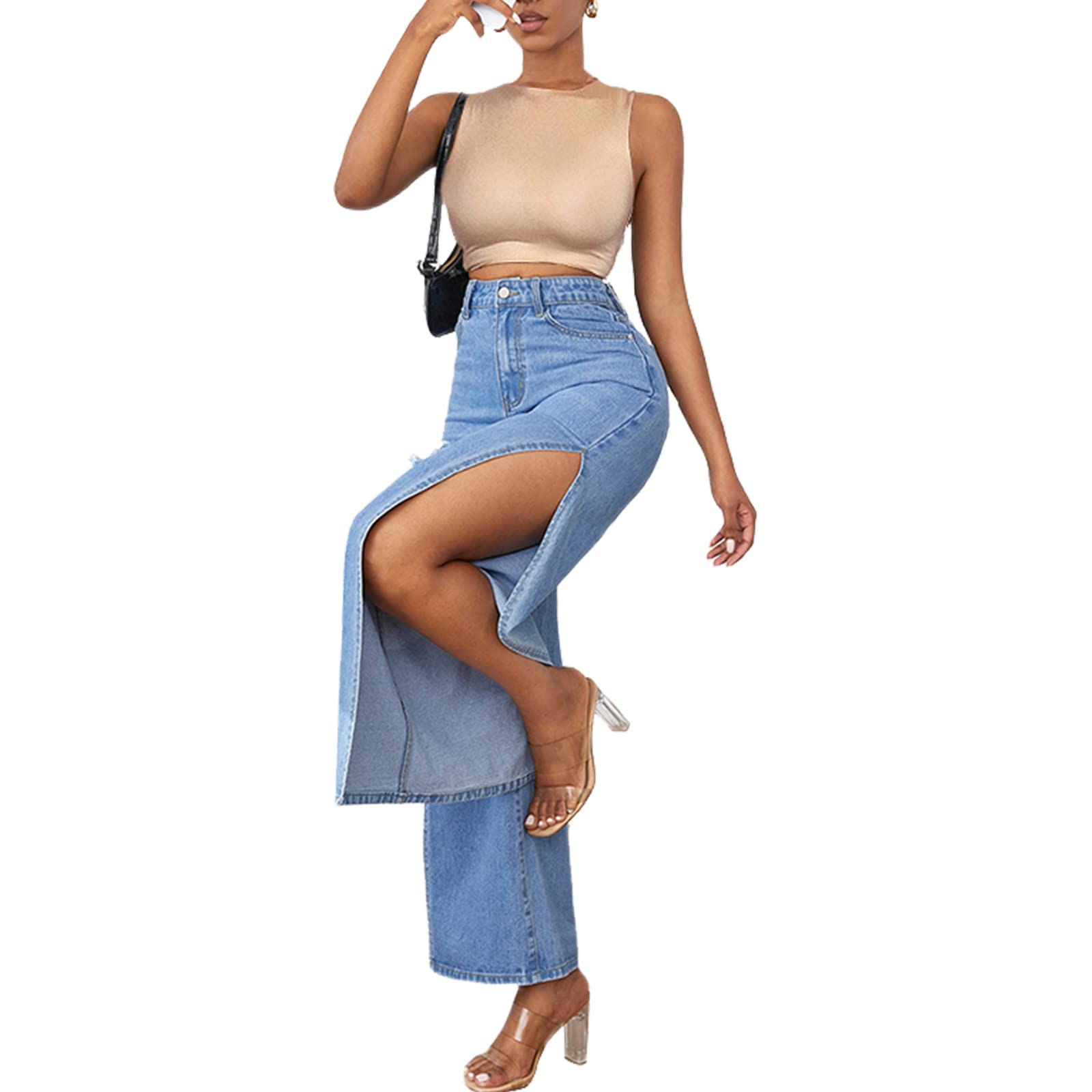 SCOMCHIC Women's High Waisted Wide Leg Ripped Jeans High Side Slit