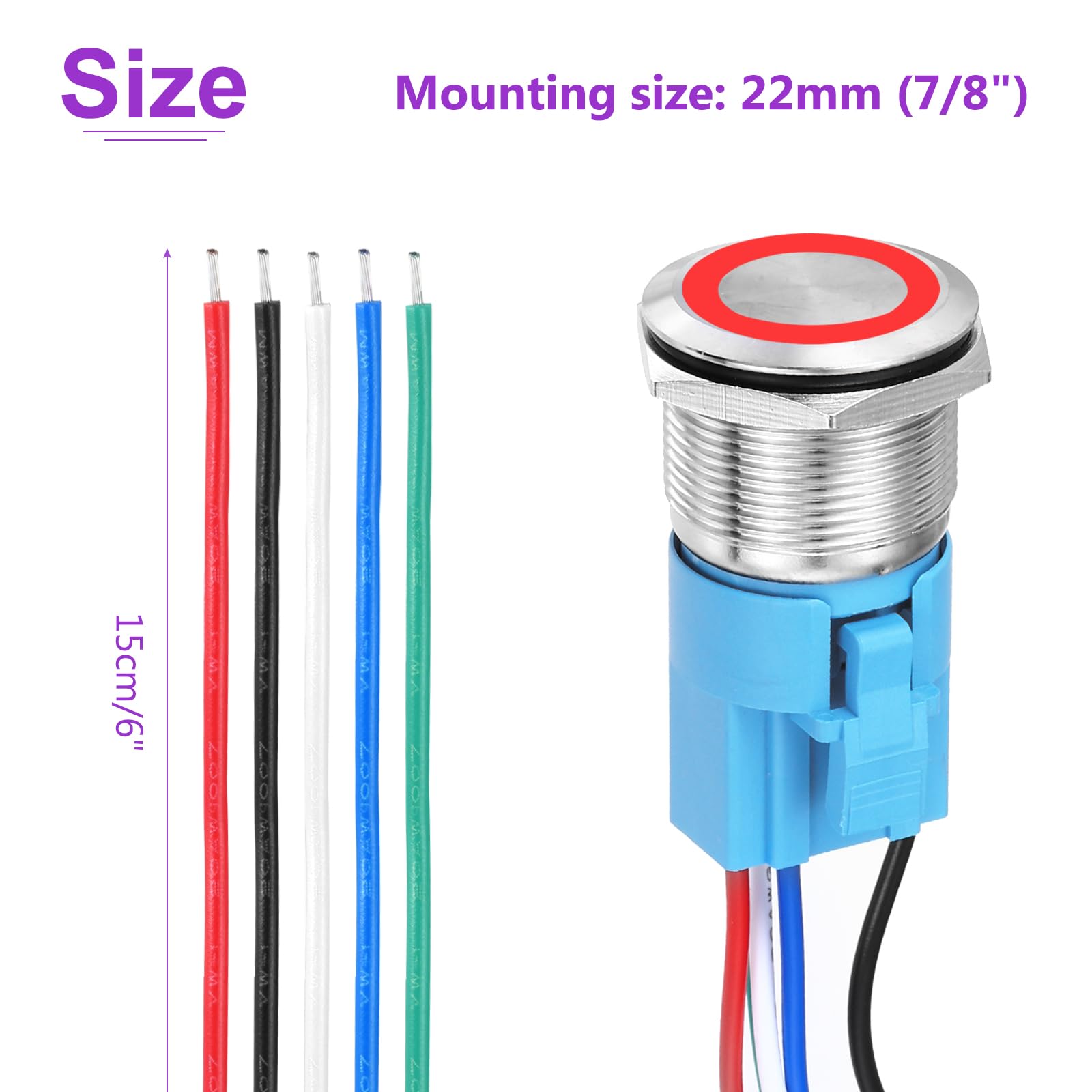 DMiotech 7/8 Inch Stainless Steel Latching Push Button Switch Flat Head 5A 12-24V Silver Shell 5 Pin with Cable Socket Red Ring LED 1NO1NC for Car Boat Systems Custom Setups - Image 4