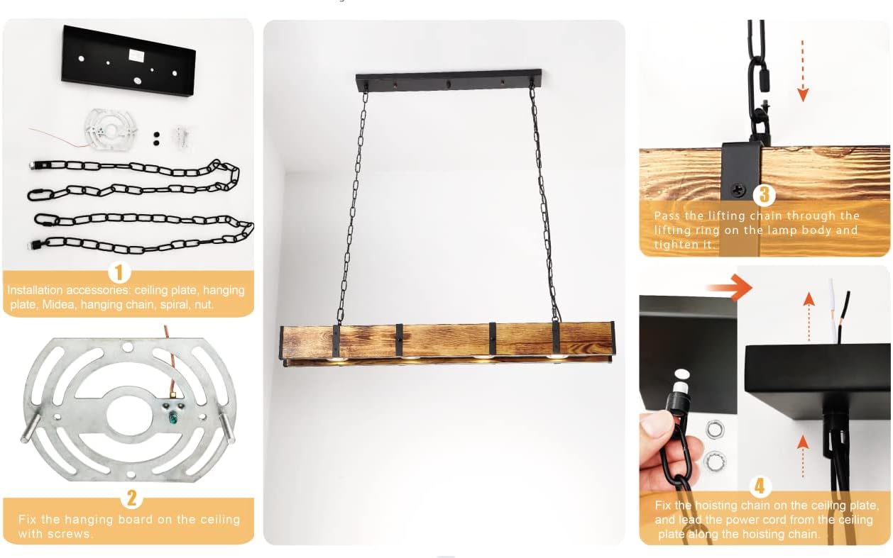 TFCFL Wooden Farmhouse Lighting Rustic Chandelier Retro Pendant Lighting Industrial Vintage Chandelier Lighting Fixtures E26 Bulb Sockets Hanging Farmhouse Chandelier for Kitchen, Dining Room, Bar