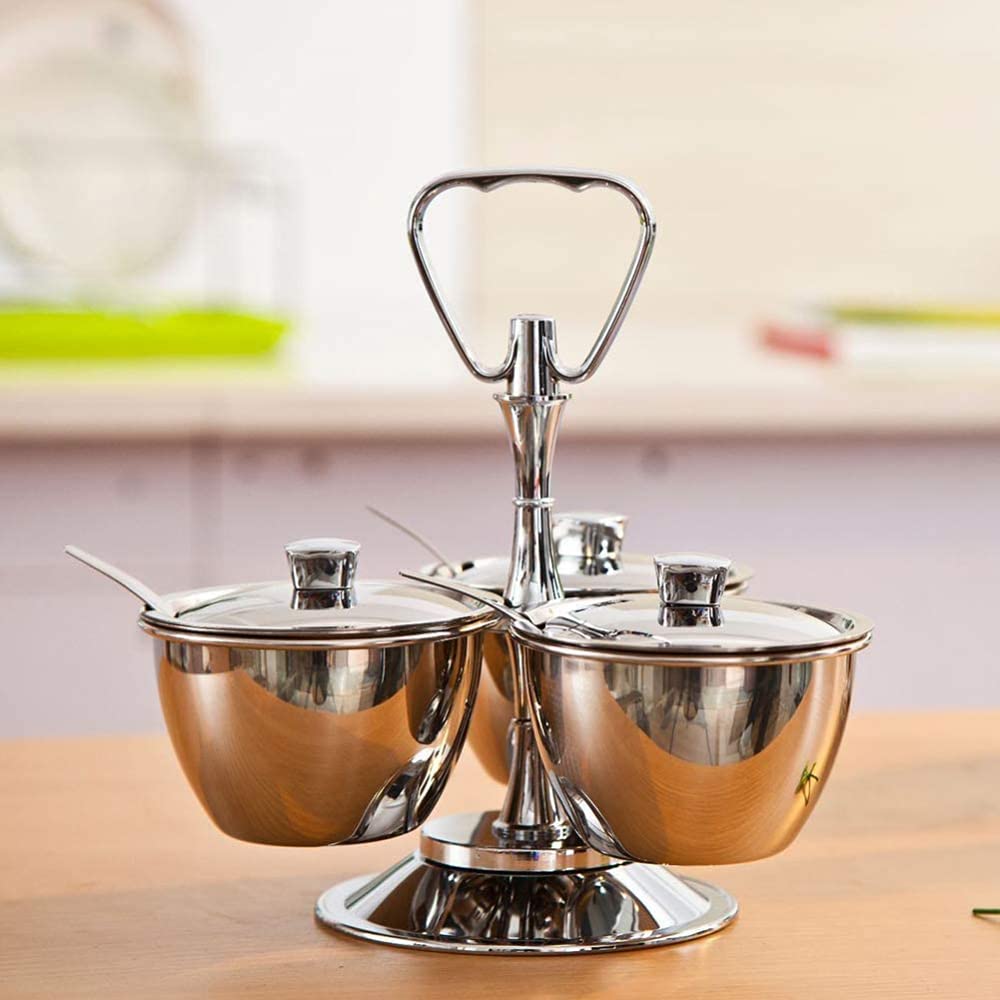 Tarro De Especias De Acero Inoxidable 304 Con Rejilla Creativa Para Facilitar El Tránsito, Base Giratoria Para Un Condimento Más Cómodo, Juego De Tarros De Condimento, Plateado-3jars