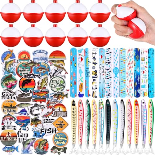 Libima 81 Pcs Fishing Party Favors Kit - 12 Bobber Stress Balls, 12 Fish Pens, 12 Slap Bracelets, 45 Stickers - Fishing Birthday Party Decorations, Goodie Bags Fillers