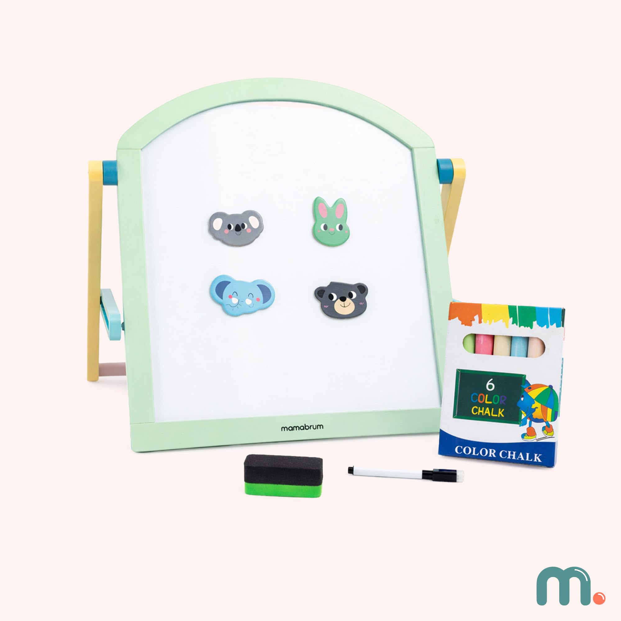 Mamabrum Doppelseitige Kinder Holztafel 2in1 Magnettafel Kreidetafel mit Ständer klappbar Lerntafel mit Zubehör zum Schreiben Malen für Kinder ab 3 Jahren