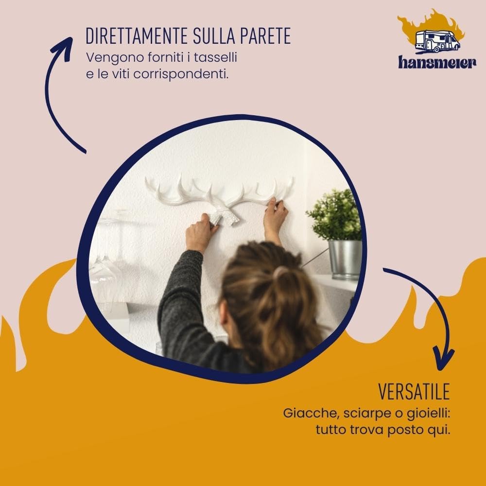 Appendiabiti A Forma Di Corna Di Cervo 49cm | Bianco Antico - Decorazione Parete Con Funzione | Per Interni Ed Esterni - Foto 7