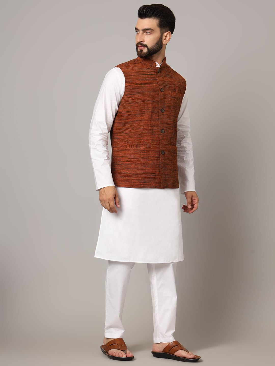 LATEST CHIKAN Men's Nehru Jacket/Waistcoat Sophisticated Ethnic Wear - SADRI-DK-BR-40 - Image 3 thumbnail