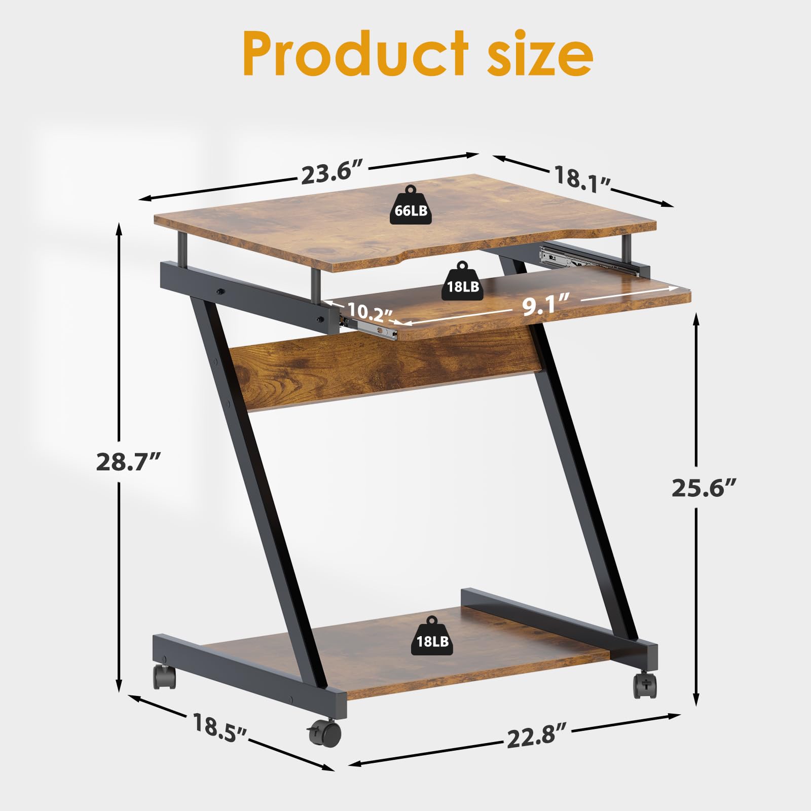SogesHome Schreibtisch Klein Computertisch mit 4 Rollen 2 Davon mit Bremsen PC-Tisch in Z-Form mit Tastaturauszug für Zuhause und Büro, 60 x 48 cm