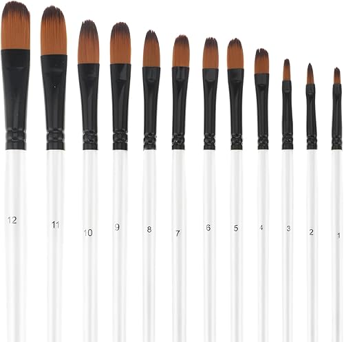 Miniatura 8 de Juego de pinceles de pintura para artistas, 12 pinceles profesionales Filbert con puntas de nailon sintético, color blanco, pinceles de pintura al